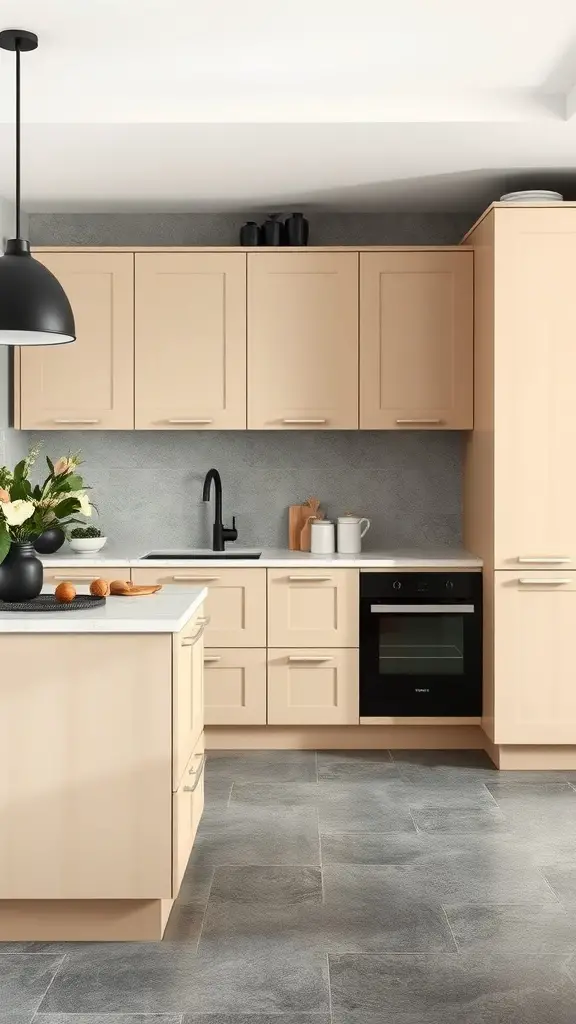 A kitchen featuring almond cabinets and charcoal gray walls and flooring.