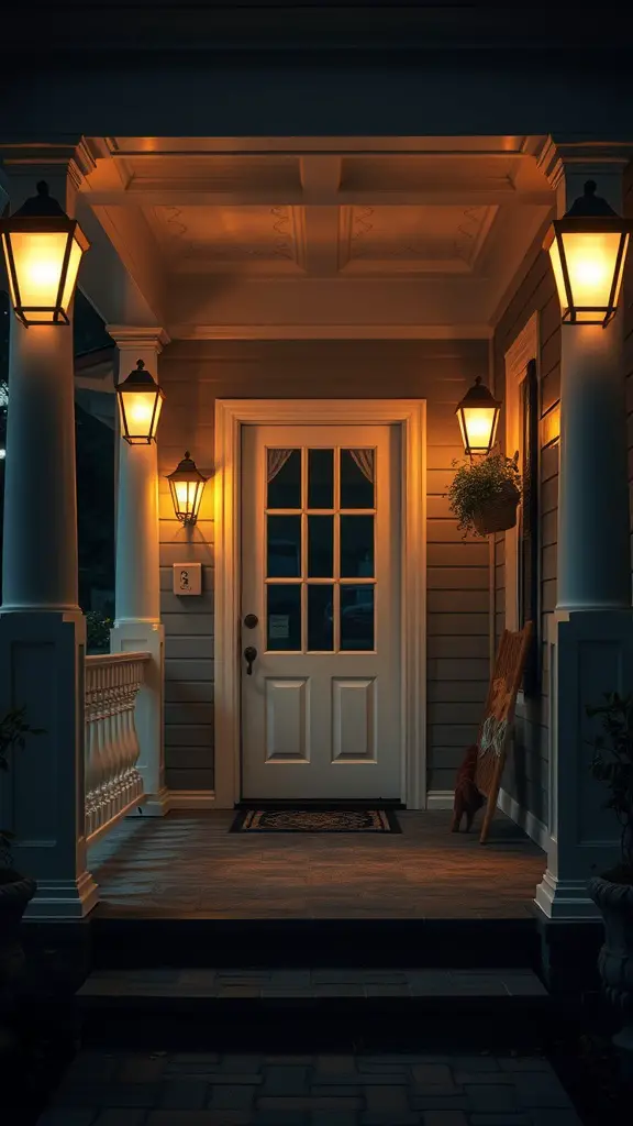 19 Stunning Front Porch Inspiration Ideas for Your Home 2 A beautifully lit front porch with ambient lighting fixtures.