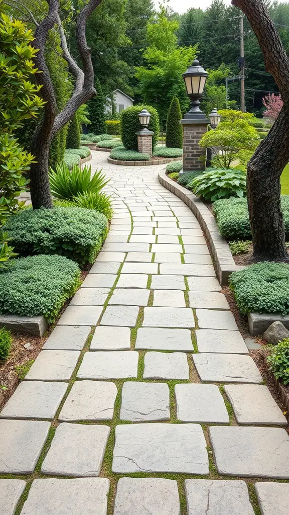 Angled flagstone pathway surrounded by lush greenery and decorative lighting