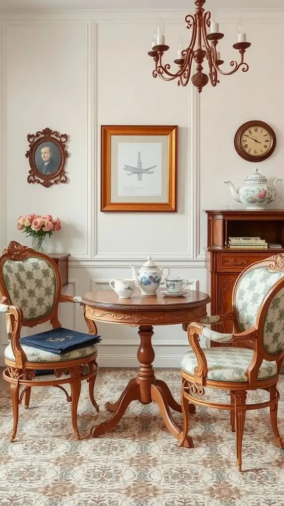 A cozy setup featuring antique furniture for a garden tea party, including a round table and two elegant chairs