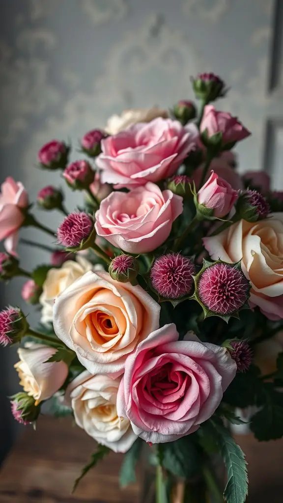 21 Stunning Spring Wedding Bouquet Ideas You’ll Love 13 A bouquet featuring antique roses in soft pink and cream colors mixed with thistles, set against a light background.