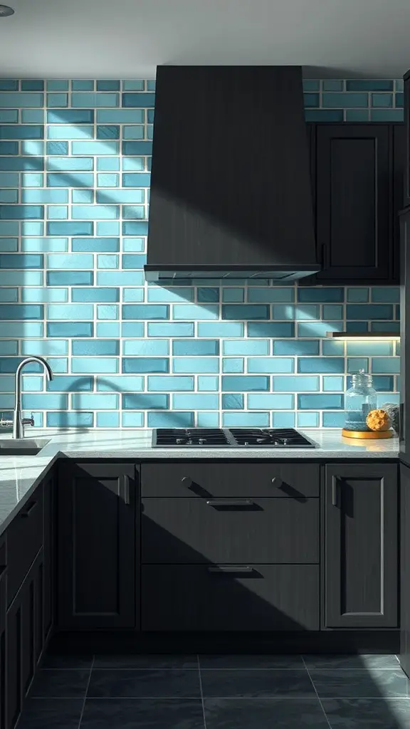 A modern kitchen with aqua backsplash and dark cabinets