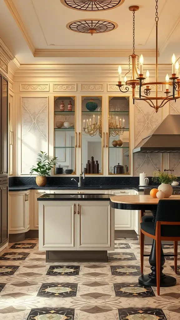 Elegant Art Deco kitchen featuring intricate cabinetry, dark granite countertops, decorative lighting, and patterned floor tiles.