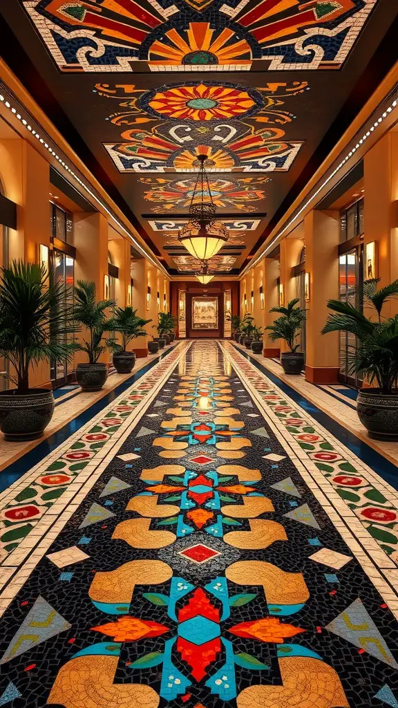 Art Deco inspired mosaic walkway with vibrant colors and geometric patterns