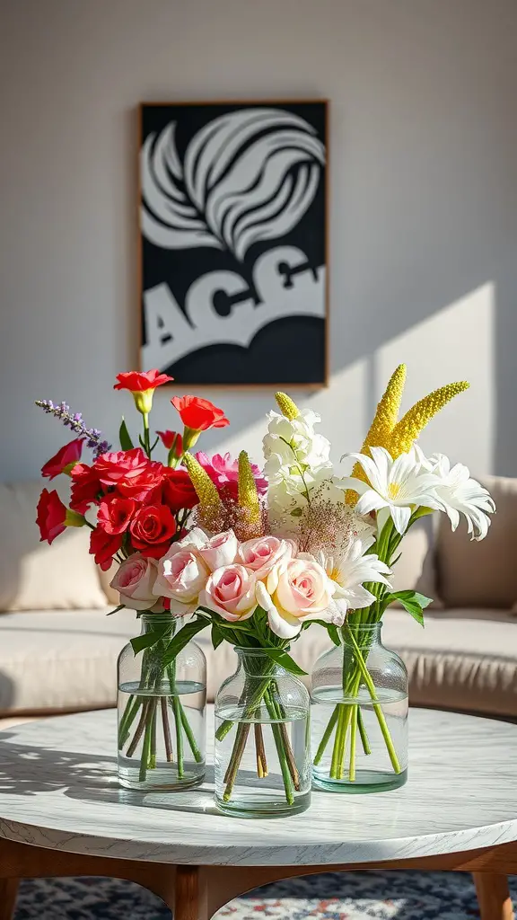 Vibrant flower arrangements in glass vases on a marble table with modern art in the background.