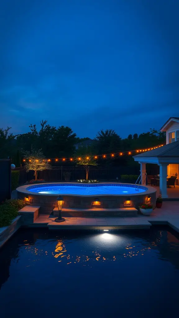 A beautifully lit above-ground pool at night, surrounded by string lights and lanterns, creating a cozy atmosphere.