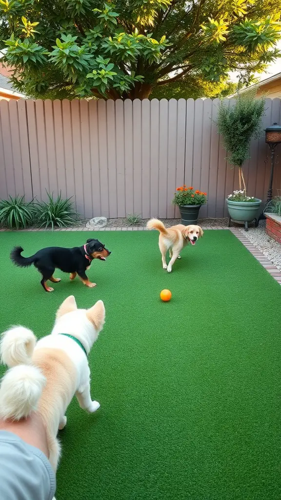 19 Creative Grassless Backyard Ideas for Dogs 2 Two dogs playing on artificial turf in a backyard setting