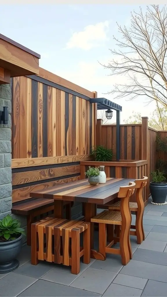 Artisan-style handcrafted banquette with wooden seating and table in an outdoor setting