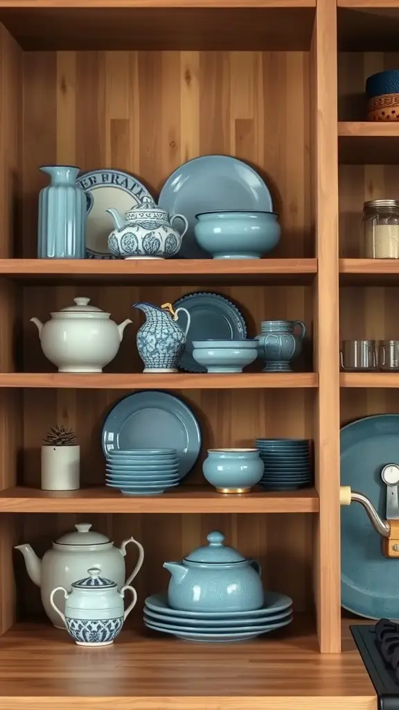 Display of blue and white artisan pottery on wooden shelves