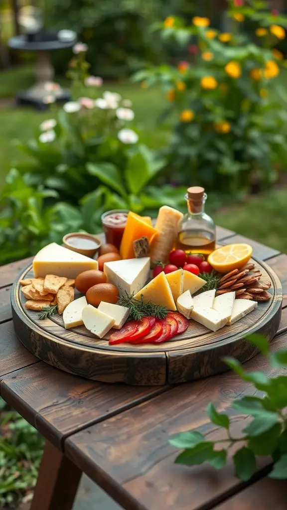 A beautifully arranged artisan cheese and charcuterie board featuring various cheeses, cured meats, crackers, and fresh fruits, set against a lush garden backdrop.