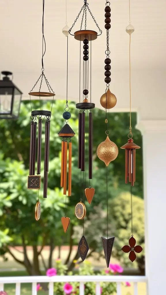 23 Inspiring Summer Porch Decor Ideas for a Vibrant Outdoor Space 15 A display of artisan wind chimes hanging, showcasing various shapes and materials.