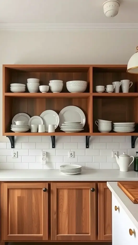 A Scandinavian kitchen with open shelves displaying white artisanal tableware, warm wooden cabinets, and a clean design.