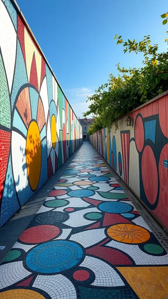 Colorful mosaic walkway with abstract shapes and vibrant walls