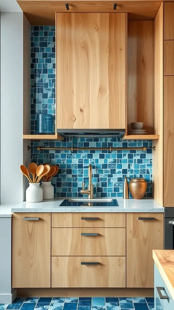 A modern kitchen featuring blue mosaic tiles, wooden cabinets, and stylish utensils.