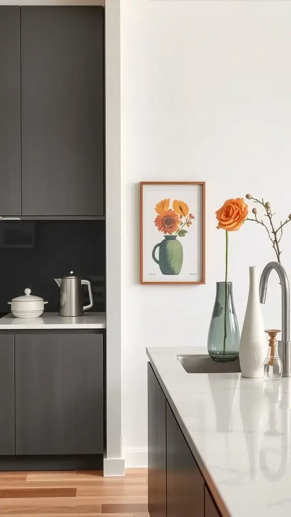 A contemporary kitchen featuring dark cabinetry, floral artwork, and elegant vases with flowers.