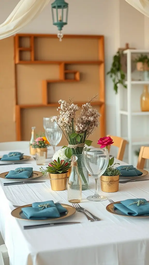 A beautifully set table for Mother's Day featuring blue napkins, gold pots with plants, and a vase of flowers.