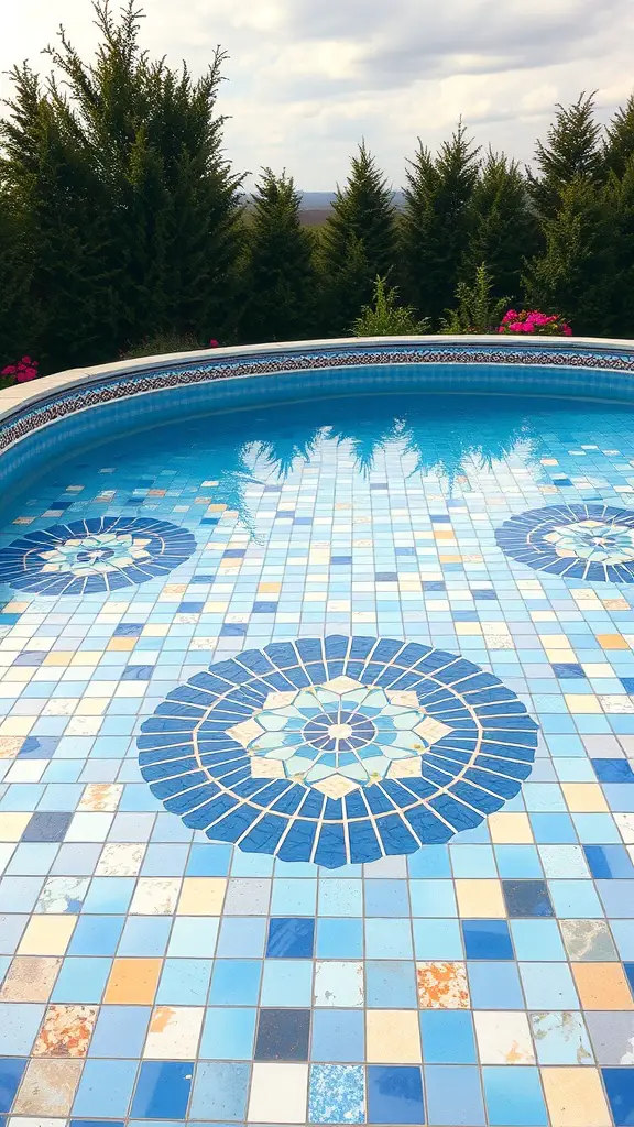 Mosaic tile pattern in blue shades around an above-ground pool