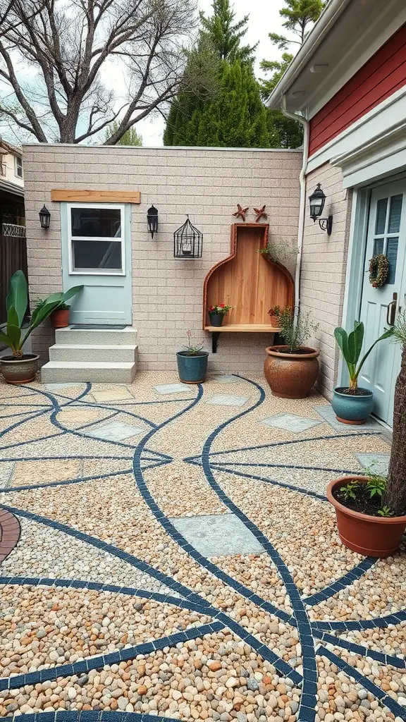 15 Creative Pea Gravel Patio Ideas for Your Outdoor Space 13 Artistic mosaic design of a pea gravel patio with winding paths and planters