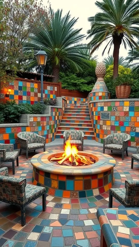 Colorful mosaic fire pit area with chairs and palm trees.