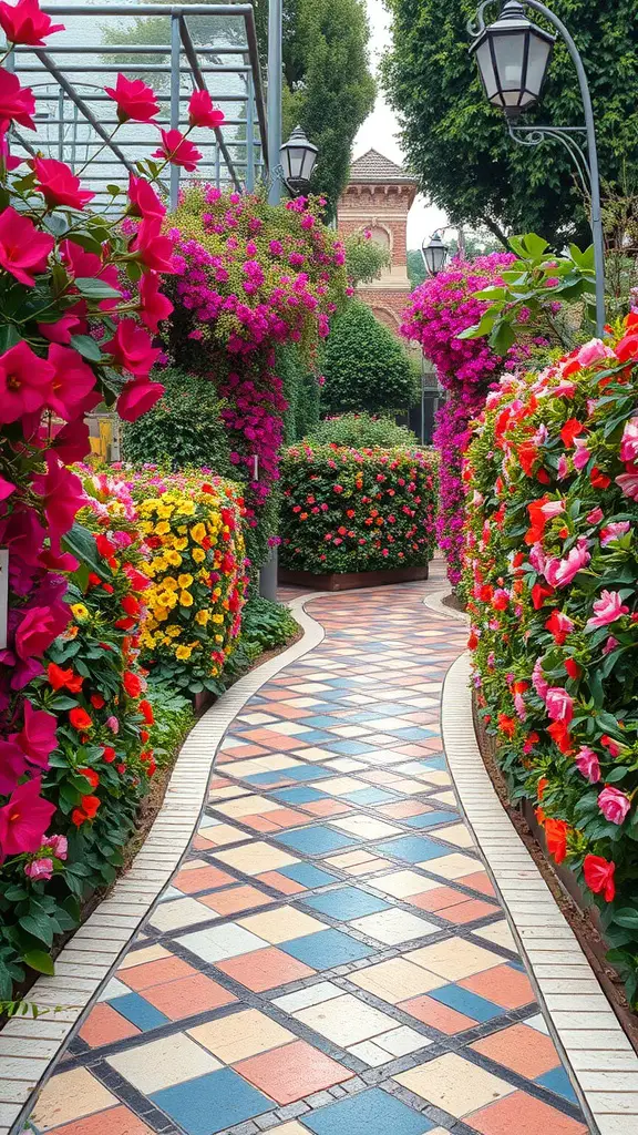 A mosaic pathway meandering through vibrant flower borders with colorful blooms on both sides.