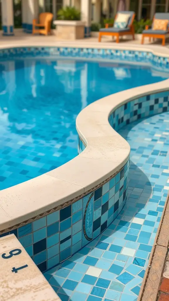 A close-up view of a pool with artistic mosaic tiles in various shades of blue, featuring a curved edge.