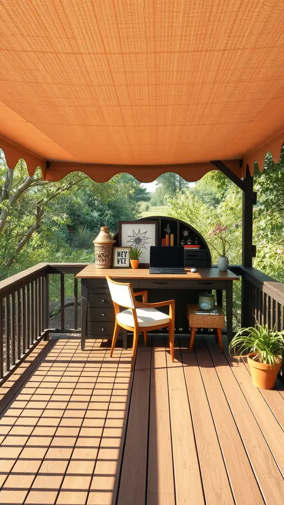 19 Stunning Two-Level Deck Ideas for Your Home 17 An outdoor workspace on a wooden deck with a desk, chair, and plants under a shaded area.