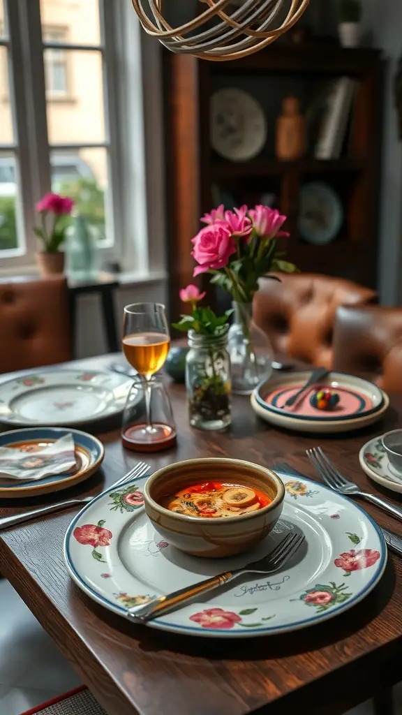 A beautifully set dining table with artistic plates and serveware, featuring floral designs and a warm bowl of soup.