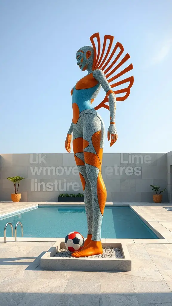 A colorful sculpture of a person with orange and blue details, standing next to a pool, with a soccer ball at its feet.