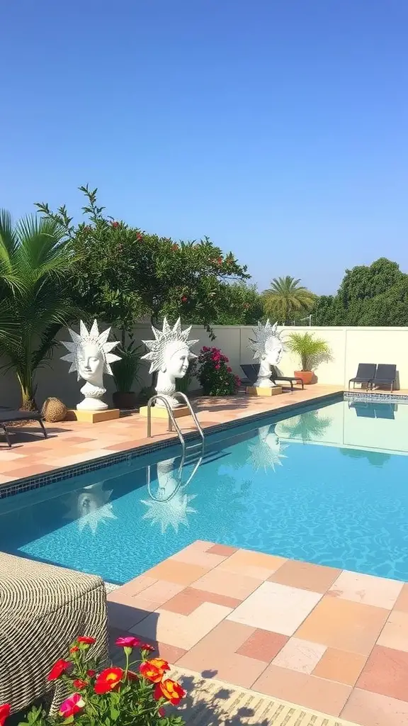 A pool deck featuring artistic white sculptures beside a clear blue pool surrounded by vibrant flowers and palm trees.