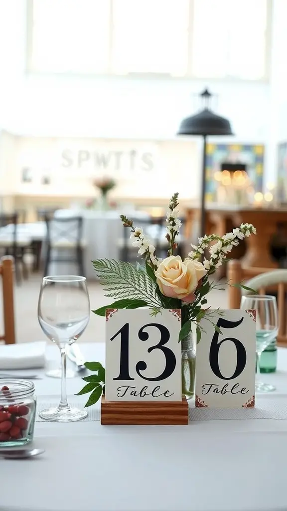 Artistic table numbers on a dinner table with floral decor.