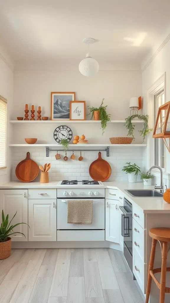 A bright white kitchen featuring wooden accents and unique decor elements like hanging pots and plants.