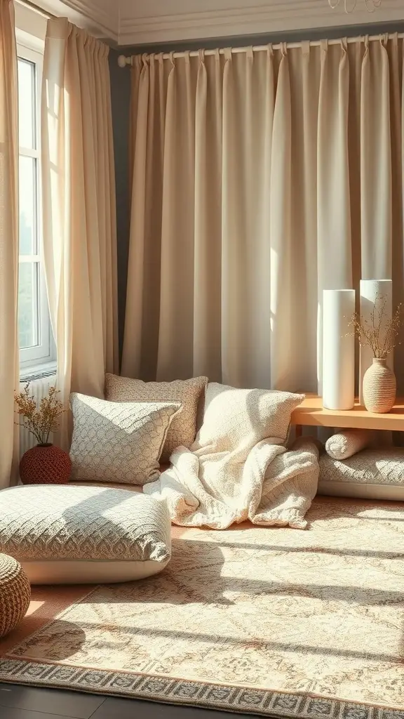 A cozy corner of a mother's room featuring soft textiles, including cushions, a blanket, curtains, and a rug, all designed to create a baby-friendly environment.