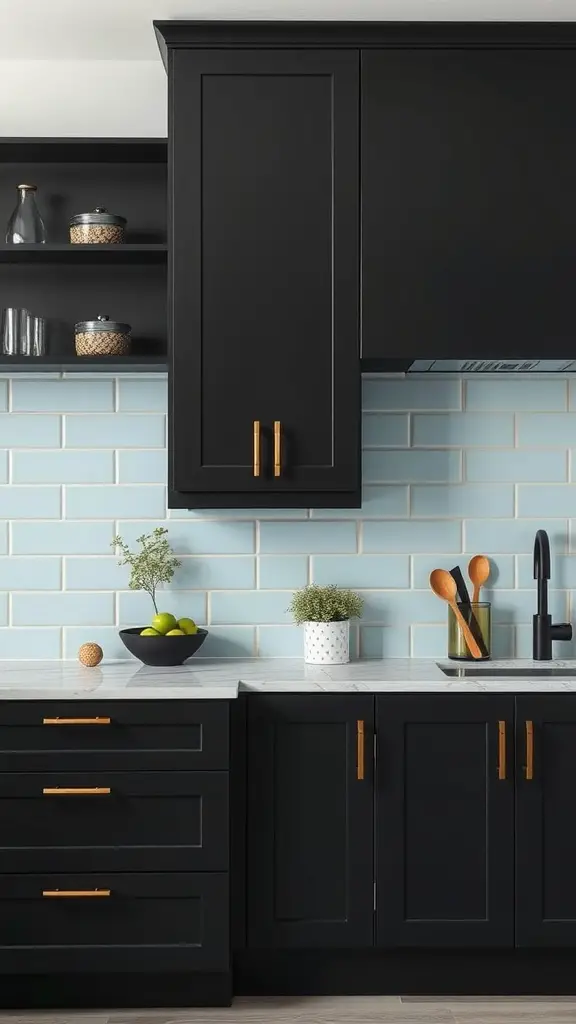 A modern kitchen featuring a baby blue backsplash with dark kitchen cabinets and gold hardware.