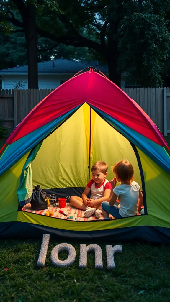 Two children sitting inside a colorful tent in a backyard, enjoying their camping adventure.