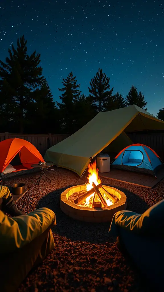 Backyard camping setup with fire pit and tents under a starry sky