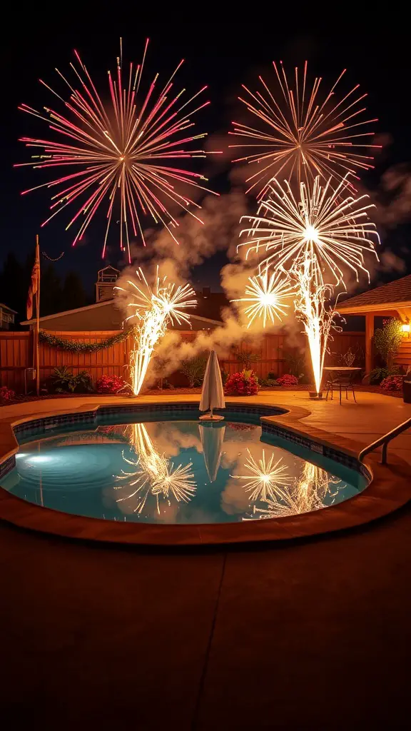 A backyard pool scene with colorful fireworks lighting up the night sky.