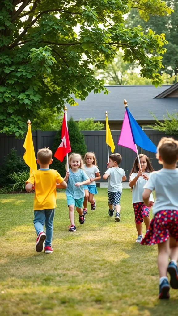 A group of children running in a backyard race, holding colorful flags.