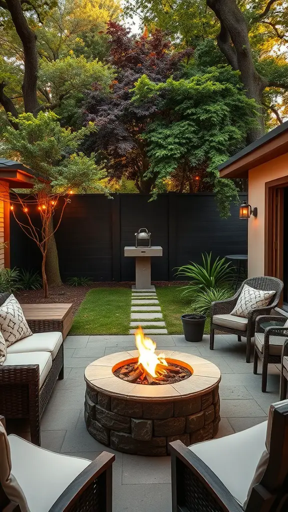 Cozy backyard retreat with a fire pit surrounded by lush greenery and comfortable seating.