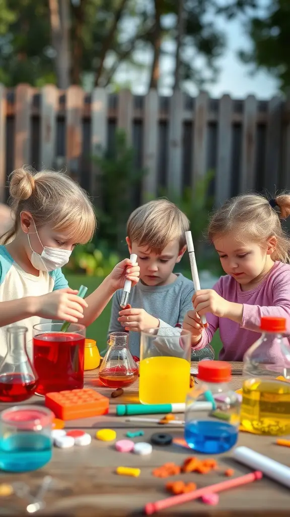 Children conducting science experiments in a backyard setting, with colorful liquids and tools on the table.