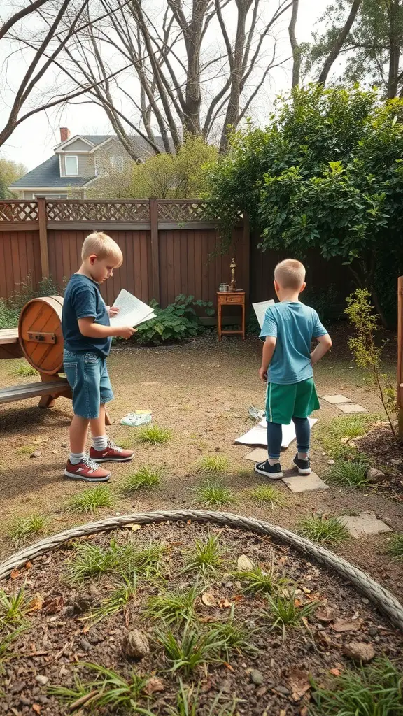 Two boys engaged in a treasure hunt in a backyard, reading clues.