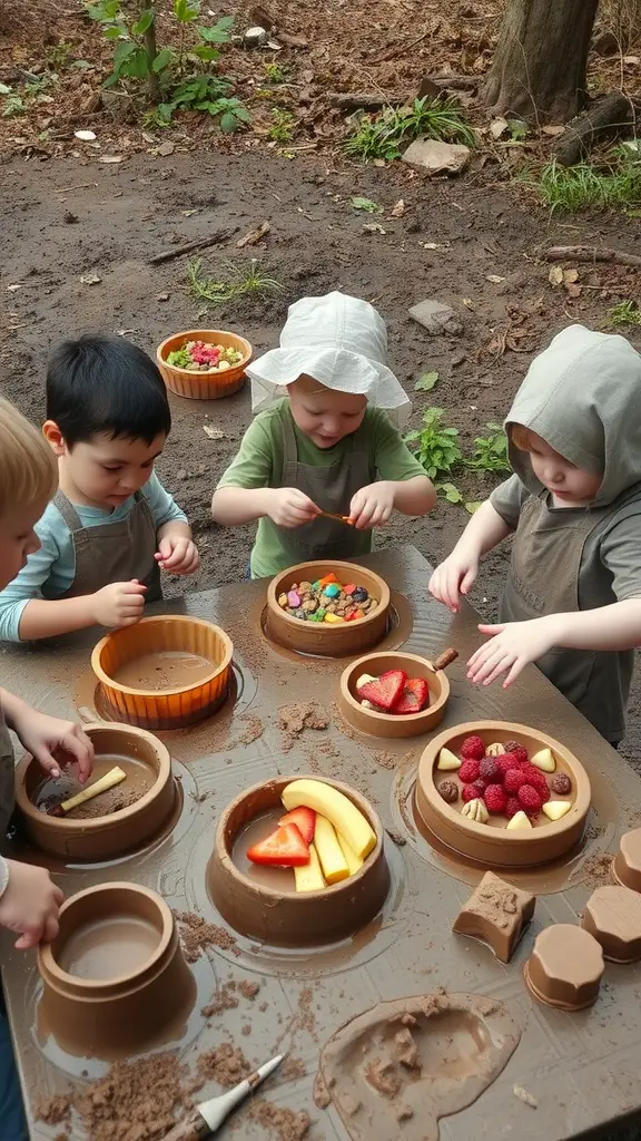 25 Creative Mud Kitchen Ideas for Kids to Inspire Imaginative Play 20 Children engaged in outdoor mud kitchen baking with bowls filled with mud cakes and colorful decorations.