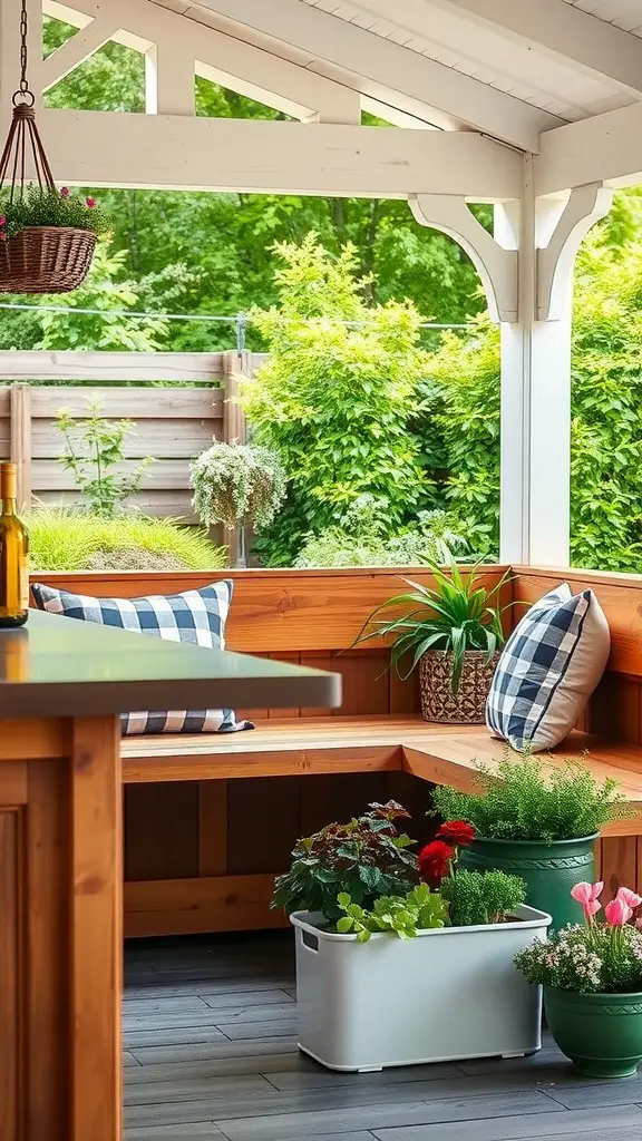 Cozy outdoor kitchen banquette with built-in planters and checkered cushions