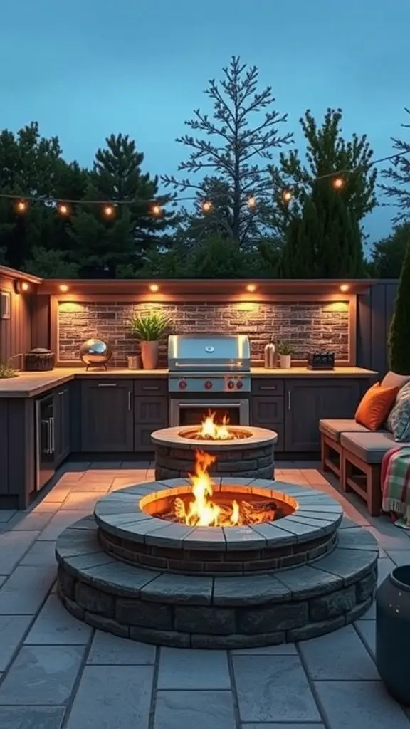 Outdoor kitchen with a banquette and integrated fire pits, illuminated by string lights