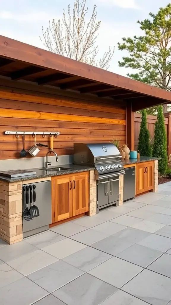 Outdoor kitchen with integrated grill and banquette seating