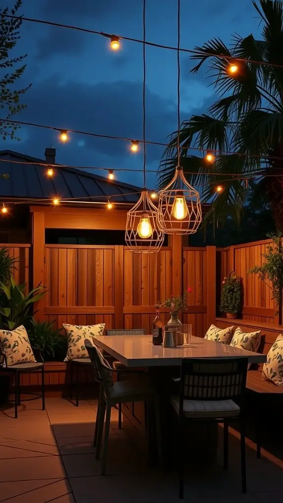 Outdoor kitchen banquette with cozy lighting and plants