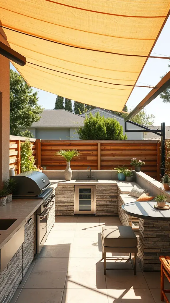 Outdoor kitchen with a banquette and retractable canopy