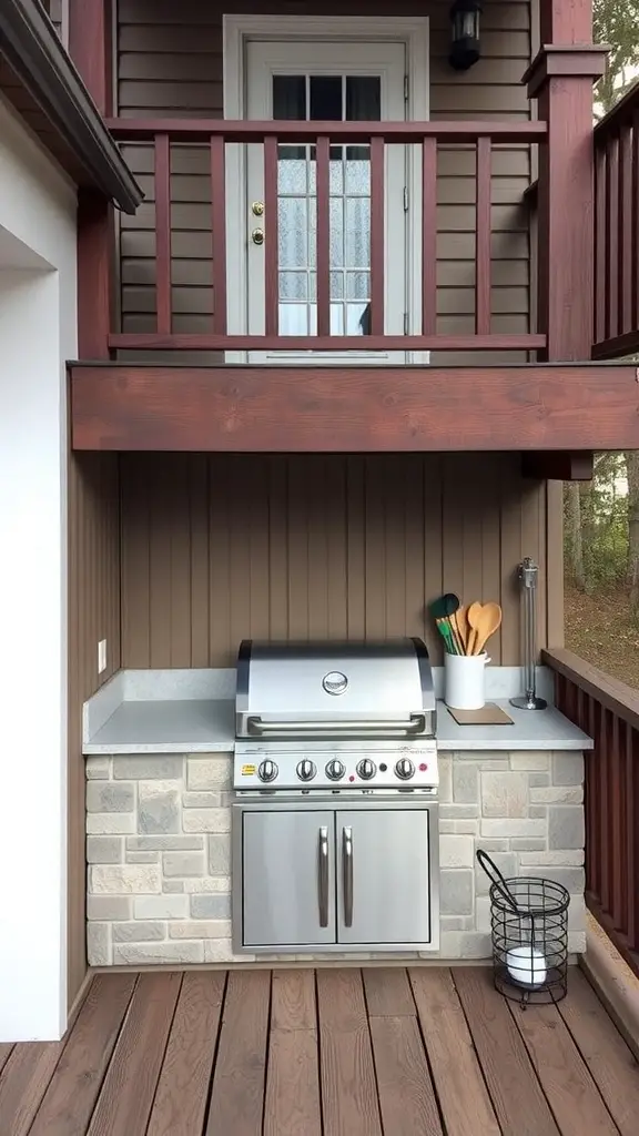 19 Stunning Two-Level Deck Ideas for Your Home 2 A modern barbecue station with a built-in grill and stone surround on a deck.