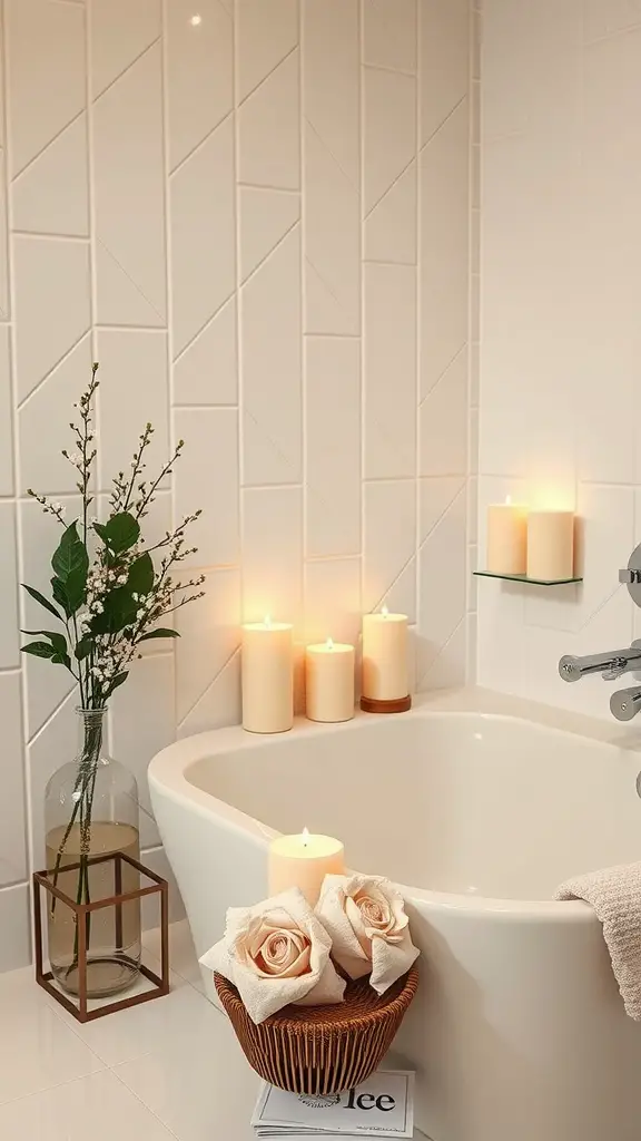 27 Creative Mother’s Day Decor Ideas to Celebrate Mom 18 A serene bathroom spa retreat featuring a white bathtub, candles, and fresh flowers.