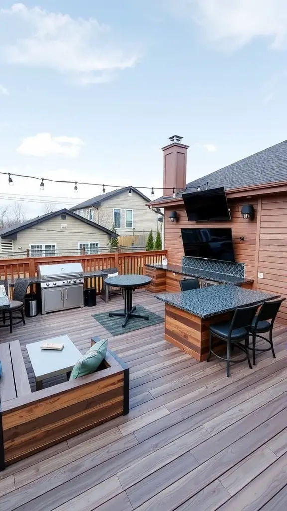 17 Inspiring Multi-Level Deck Ideas for Your Outdoor Space 7 A multi-level deck featuring a grill, seating, and a TV, designed for outdoor entertaining.