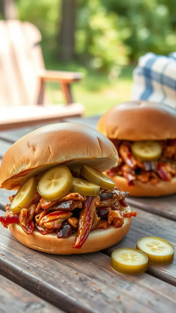 Two BBQ jackfruit sandwiches with pickles on a wooden table, set in a sunny backyard.